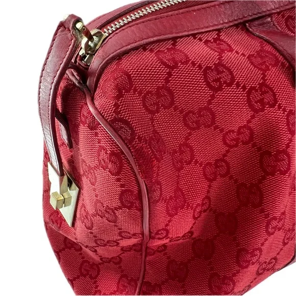 GUCCI GG Canvas Boston Bag, Red Jacquard Fabric, Red Leather Trim, Authentic